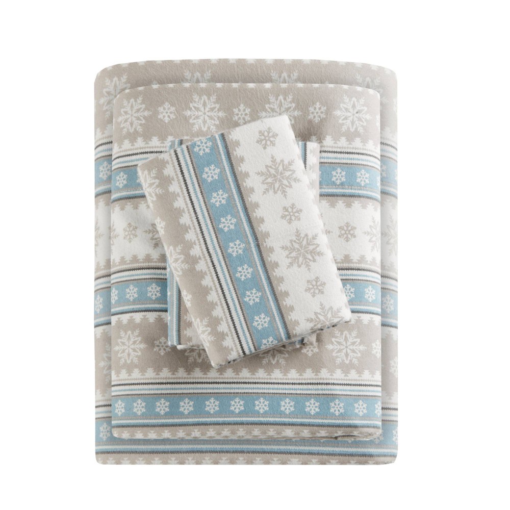 Photos - Bed Linen King Patterned Flannel Sheet Set Blue Snowflake