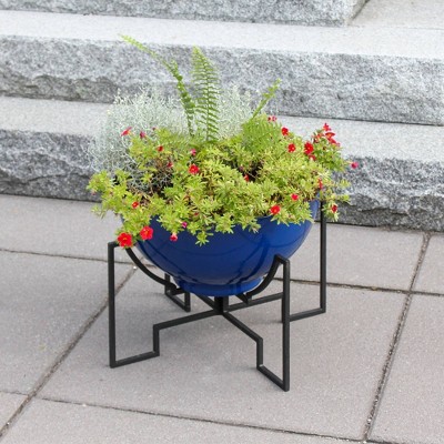 French Blue Galvanized Steel Planter Bowl with Black Wrought Iron Stand