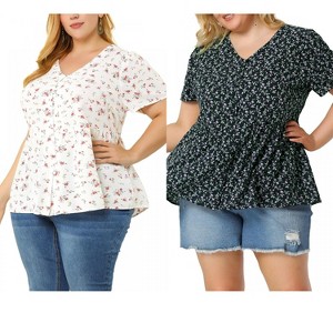 Women's Plus Size 2 Pieces Floral Ruffle Hem V Neck Short Sleeve Cinched Waist Casual Peplum Blouses with Buttons - Agnes Orinda - 1 of 4