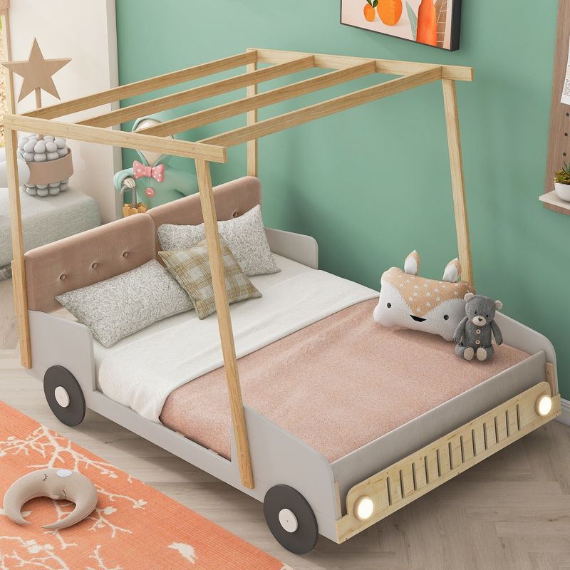 Wooden Car Bed with Pillows, Ceiling Cloth and LED, Natural - ModernLuxe, 2 of 13