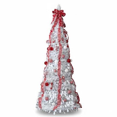 “7FT Fully Decorated Pre-Lit Christmas Tree, Pop-Up Artificial Tree with 170 Warm Lights & Red Ornaments for Home, Office, Store Holiday Decor, White”