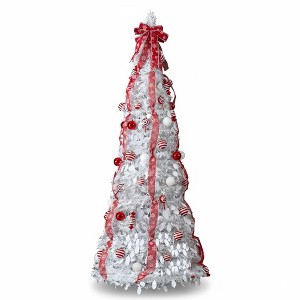 “7FT Fully Decorated Pre-Lit Christmas Tree, Pop-Up Artificial Tree with 170 Warm Lights & Red Ornaments for Home, Office, Store Holiday Decor, White” - 1 of 4