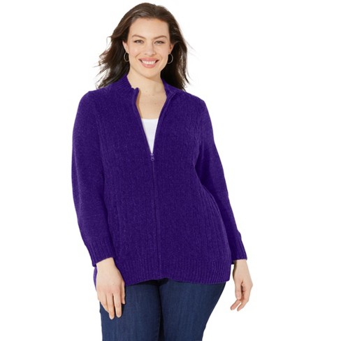 Catherines Women s Plus Size Cozy Chenille Zip Cardigan 1x Deep Grape Target