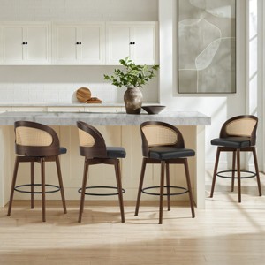 Set of 4 Counter Height Stools, Mid-Century Counter Stools with and Rattan Back, Upholstered Counter Stools for Kitchen Island or Dining-Koiai - 1 of 4