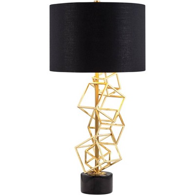 Possini Euro Design Modern Table Lamp 30" Tall Sculptural Gold Metal Geometric Cube Black Drum Shade Bedroom Living Room Bedside Nightstand Office