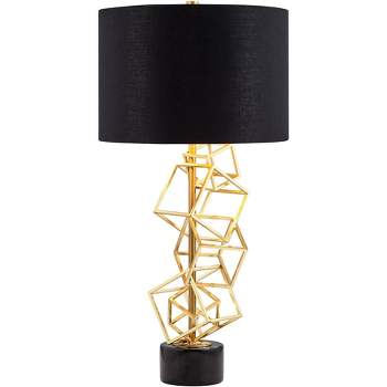 Possini Euro Design Modern Table Lamp 30" Tall Sculptural Gold Metal Geometric Cube Black Drum Shade Bedroom Living Room Bedside Nightstand Office