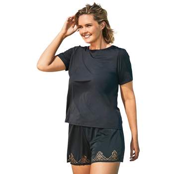 Swim 365 Women's Plus Size Split-neck Short Sleeve Swim Tee With Built-in  Bra, 16 - Navy Silver Palm Leaf : Target