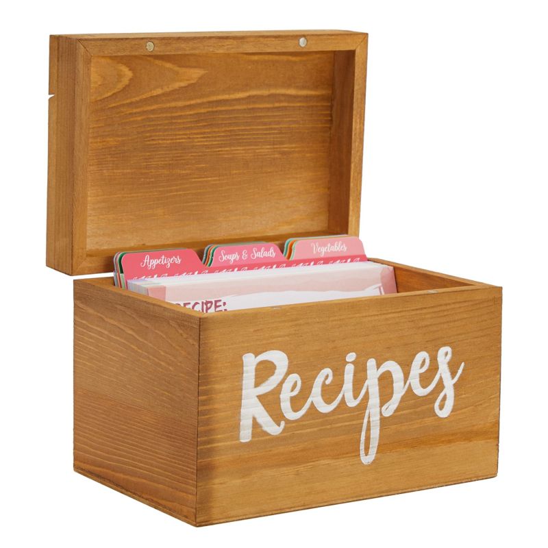Juvale Wooden Recipe Box with 60 4x6 Cards, 24 Dividers with Tabs, and Meat, Veggie, Dessert, Beverage, Substitution, and Blank Sections, 7x5x5 in, 4 of 9