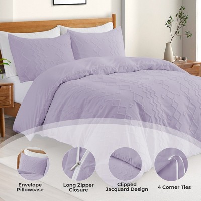Purple Geometric Jacquard Twin Duvet Cover and Pillowcase Set