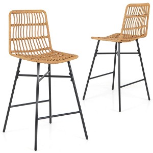 Costway Set of 2 Rattan Bar Stools Counter Height Dining Chairs with Metal Legs Natural - 1 of 4