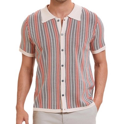 INSPIRE CHIC Men's Striped Knitted Summer Short Sleeves Button Down Jacquard Polo Shirts