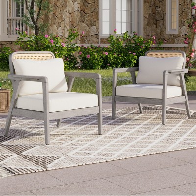 Modern Patio Acacia Wood Club Chair,Cream Fabric Cushion Club Chair,Garden Chair With Woven Backrest And Solid Acacia Wood Frame-Cuddlewood