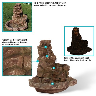 Light Brown Fiberglass Stone Springs Outdoor Water Fountain with LED Lights