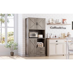 Modern Kitchen Sideboard with Microwave Stand, Tall Wooden Bar Cabinet with Drawers and Adjustable Shelves for Dining and Living Room, Pastoral Grey - 1 of 4