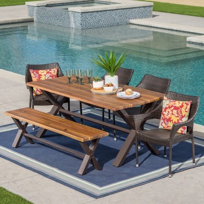 Lakeport 6pc Acacia Wood and Wicker Dining Set - Brown - Christopher Knight Home