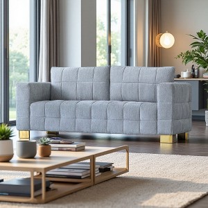 3-Seater Chenille Sofa with Tufted Seat & Custom Stainless-Steel Legs - 1 of 4