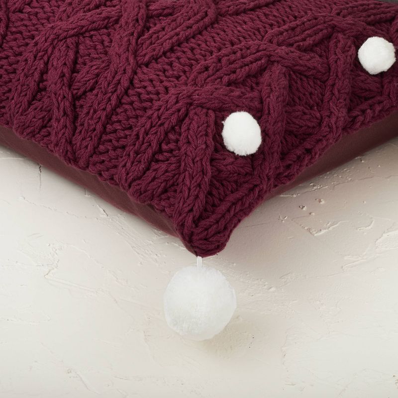Cable Knit Square Throw Pillow with Pom Poms Burgundy - Opalhouse&#8482; designed with Jungalow&#8482;, 4 of 7