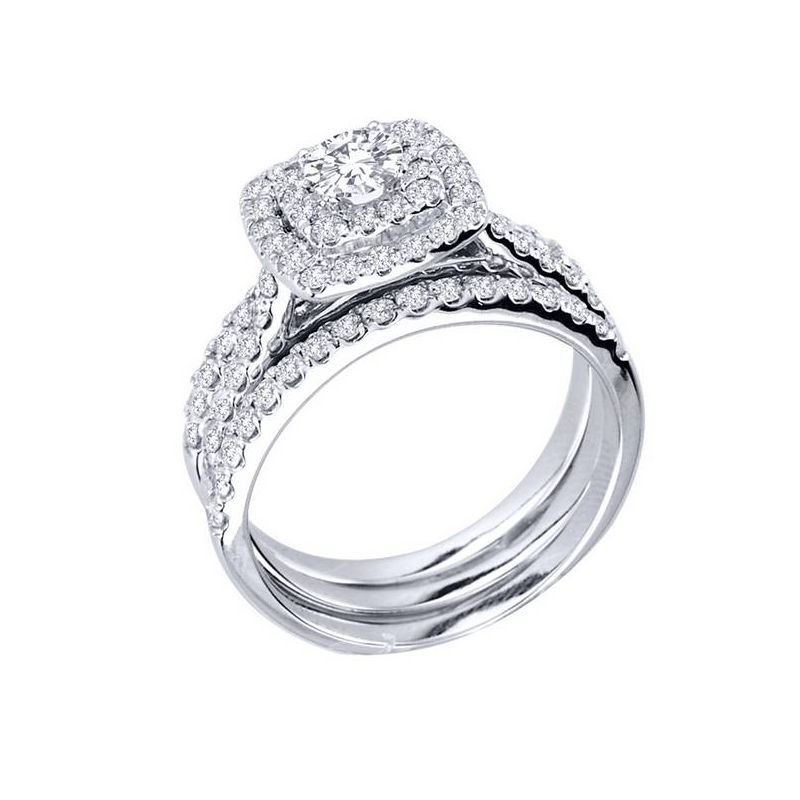 Pompeii3 1 1/4 Ct Three Ring Diamond Cushion Halo Engagement Wedding Band Set White Gold, 2 of 5