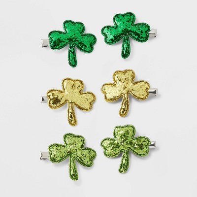 St. Patrick's Day Glitter Clover Hair Clip Set 6pc - Green/Gold