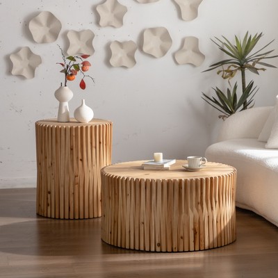 NicBex Retro Style Cylindrical Coffee Table with Vertical Texture Relief Design,Wooden Side Tables,Center Table for Living Room