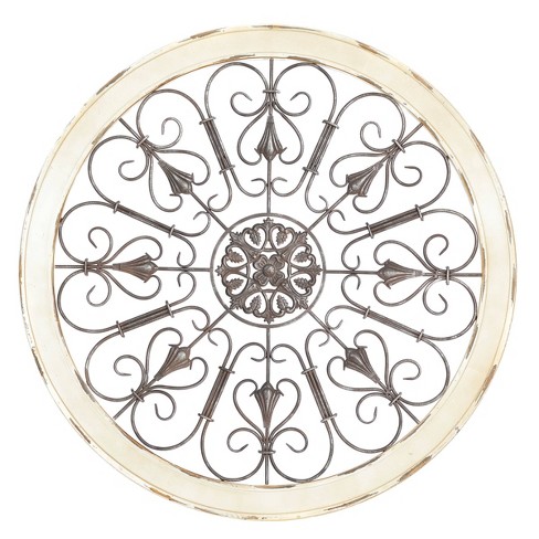 Wood Distressed Scroll Window Inspired Wall Decor With Metal Scrollwork  Relief White - Olivia & May : Target