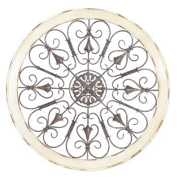 Wood Distressed Scroll Window Inspired Wall Decor with Metal Scrollwork Relief White - Olivia & May