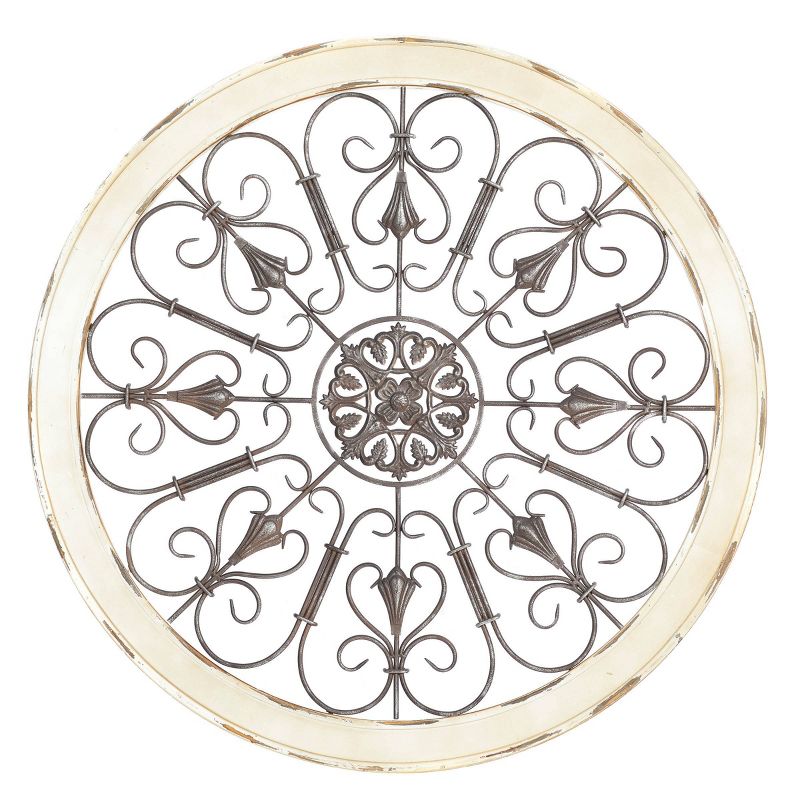 Wood Distressed Scroll Window Inspired Wall Decor with Metal Scrollwork Relief White - Olivia &#38; May, 1 of 16