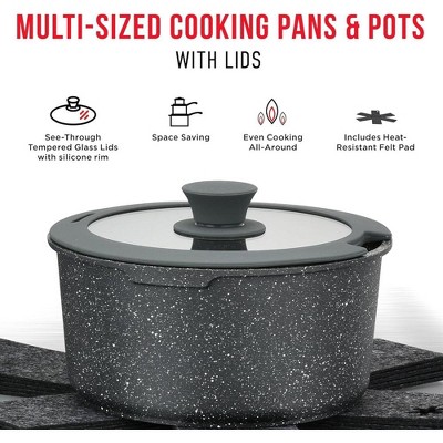 Bakken 15-Piece Black Granite Non-Stick Cookware Set with Detachable Handles