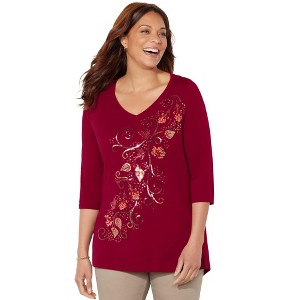 Catherines Women's Plus Size V-Neck Graphic Top - 1 of 4