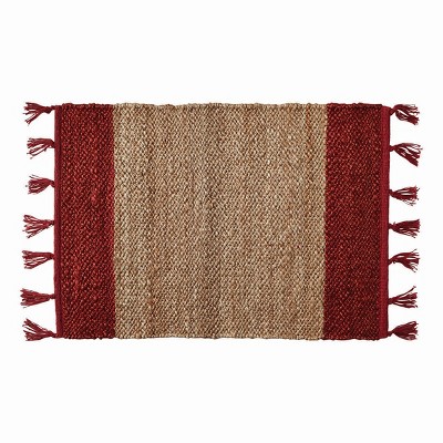tagltd Lalla Jute Border Stripe Indoor Rug Red And Brown with Tassels 24" X 36" Jute Doormat Entryway Mat