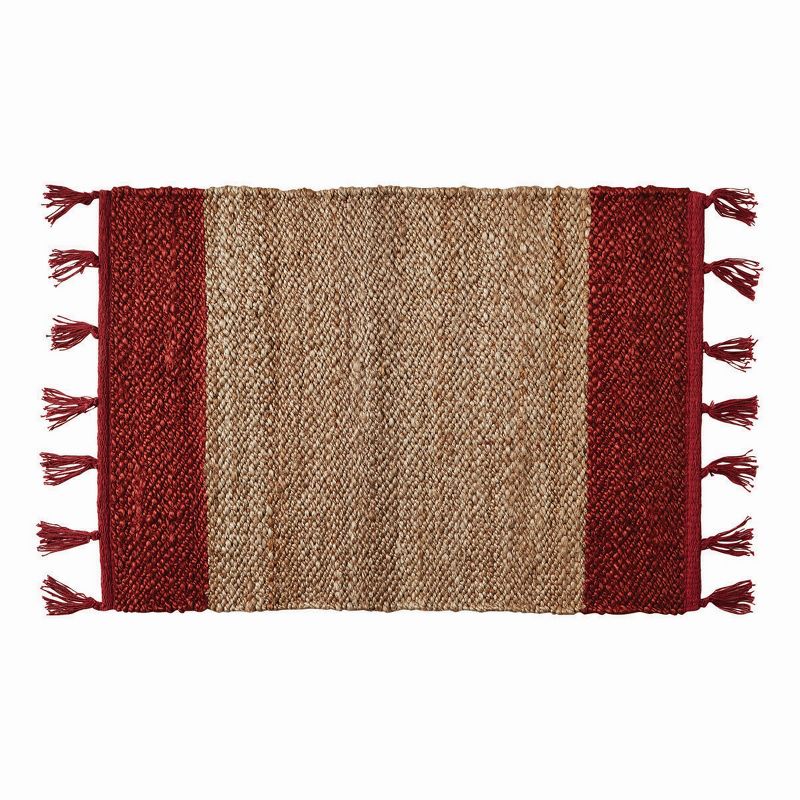 tagltd Lalla Jute Border Stripe Rug Red And Brown with Tassels 24" X 36" Jute Doormat Rug Entryway Mat, 1 of 3