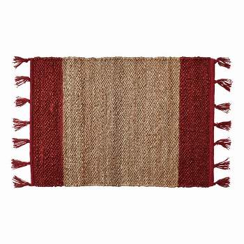 tagltd Lalla Jute Border Stripe Rug Red And Brown with Tassels 24" X 36" Jute Doormat Rug Entryway Mat