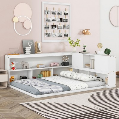 Full Size Floor Bed with L-shaped Bookcases and Sliding Doors