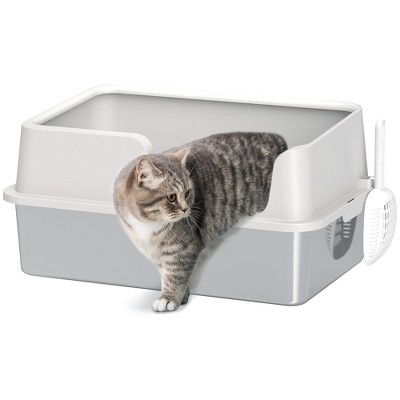 PawHut Stainless Steel Litter Box, XL Enclosed Cat Litter Box for Big Cats with High Side, Scoop, Easy Cleaning & Anti-Urine Leakage, Light Gray