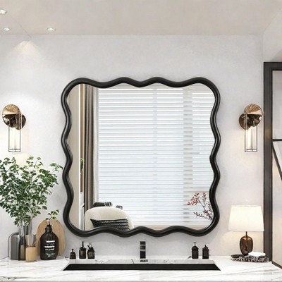 Vynxaria 36" x 36" Solid Wood Wavy Square Mirror - Black Wall Decor for Bathroom, Bedroom, Living Room & Entryway