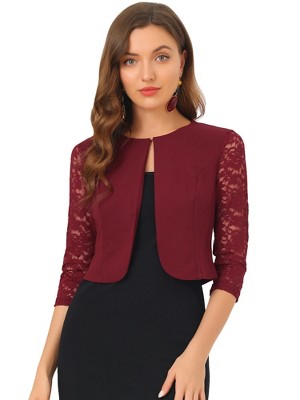 INSPIRE CHIC Women's Work Floral 3/4 Lace Trim Sleeves Open Front Bolero Shrug