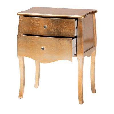Gold Finished Wood 2-Drawer Nightstand with Faux Crystal Knobs