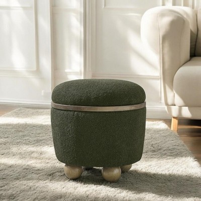 Alilang 18.11 inches Mid-Century Modern Upholstered Green Ottoman with Brass Accent and Rounded Wooden-Green