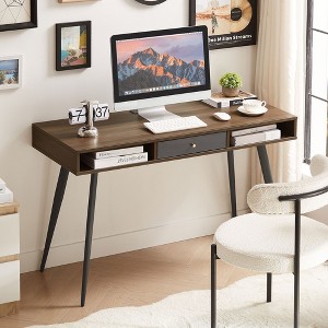 Racxily Mid Century Desk with USB Ports and Power Outlet, Modern Writing Study Desk with Drawers, Multifunctional Home Office Computer Desk - 1 of 4