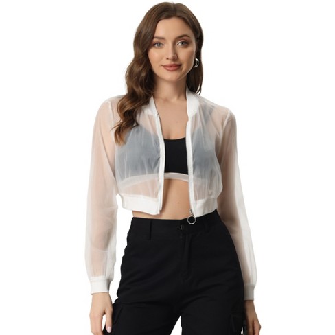 White Sheer Mesh Long Sleeve Crop Shirt