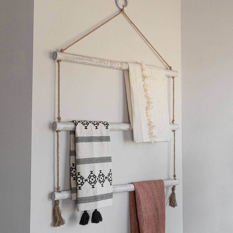Hanging Blanket Ladder White Wood & Jute by Foreside Home & Garden, 2 of 6