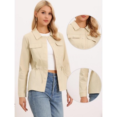 Женские куртки INSPIRE CHIC Women's Button Down Drawstring Waist Lapel Lightweight Spring Linen Utility Jacket Small Khaki — фото 2