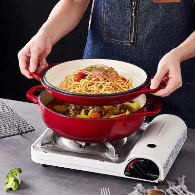 Red Enameled Cast Iron 3.3-Quart Cocotte Double Braiser Pan with Grill Lid