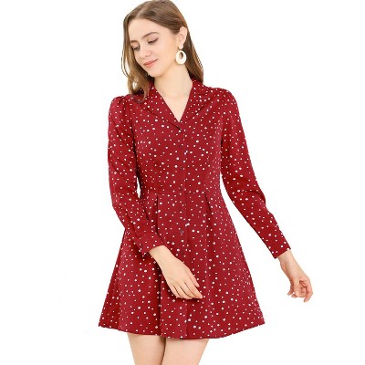 Allegra K Women's Polka Dots Lapel Collar Button Down Shirt Dress Red  Medium : Target