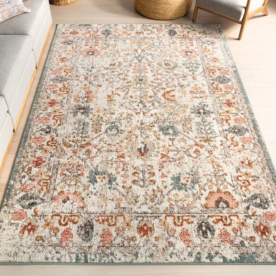 Beige Floral Synthetic Easy Care Area Rug, 6' 7" x 9'