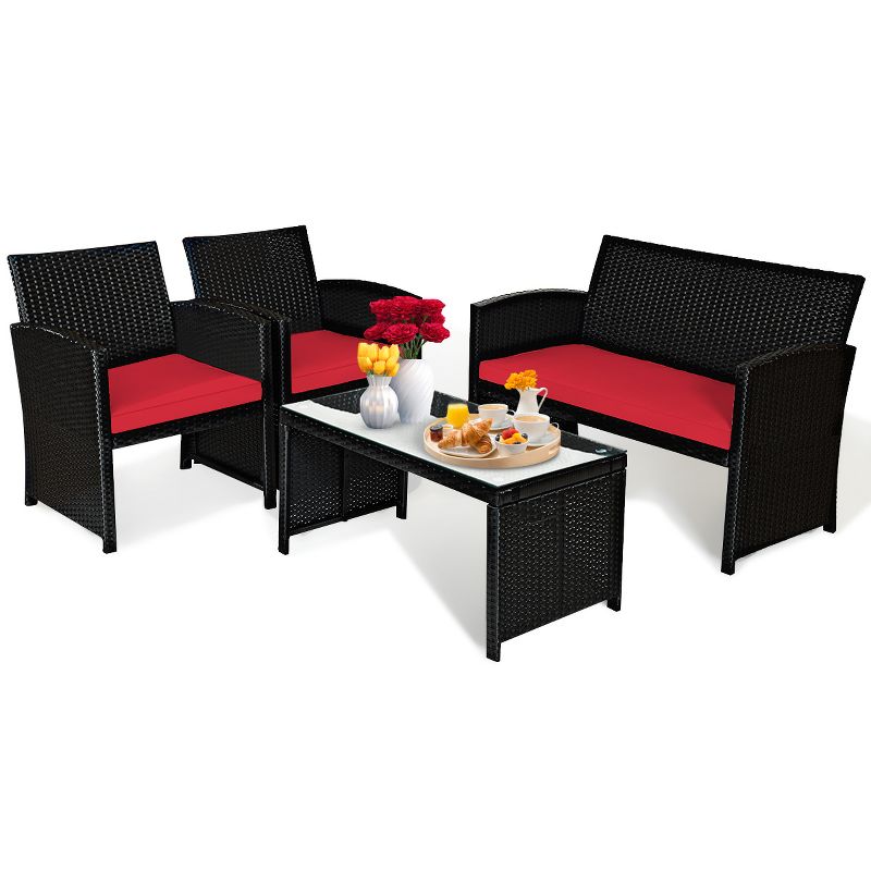 Tangkula 4 Piece Outdoor Patio Rattan Furniture Set Red Cushioned Seat For Garden, porch, Lawn, 1 of 9