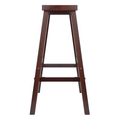 Walnut Brown Solid Wood Square Pub Table with 2 Saddle Seat Stools