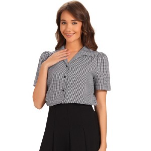 Allegra K Women's Plaid Puff Sleeves Vintage Summer Gingham Blouse - 1 of 4