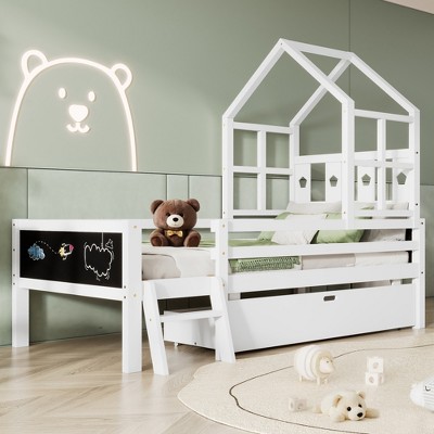 Twin Size House Bed with Ladder and Storage Drawers for Kid Bedroom