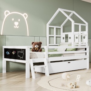 Twin Size House Bed with Ladder and Storage Drawers for Kid Bedroom - 1 of 4